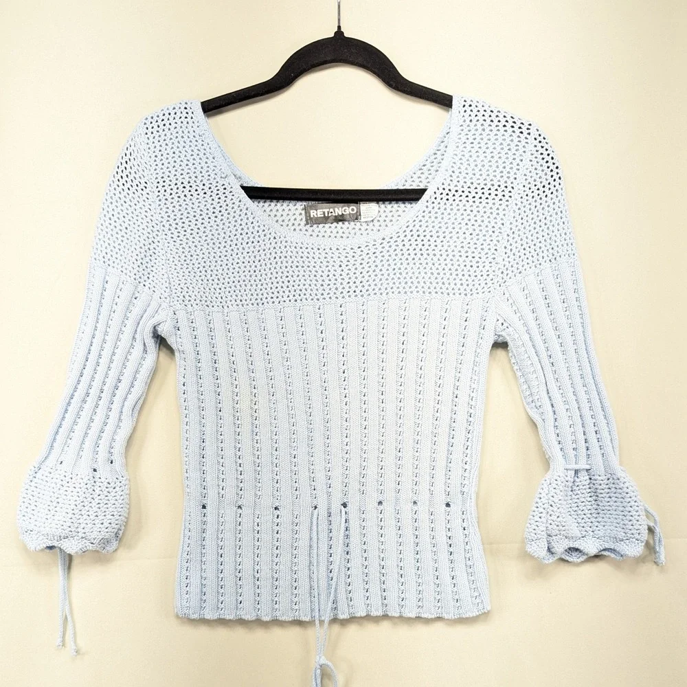Retango Knit Sweater Blue Medium Drawstring Tie Bell Sleeve Cropped Cotton